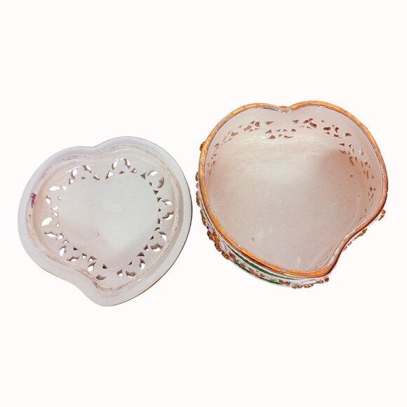 Italian Romantic Cameo Trinket Box Heart Shape Pierced Porcelain Jewelry Storage - Picture 10 of 16